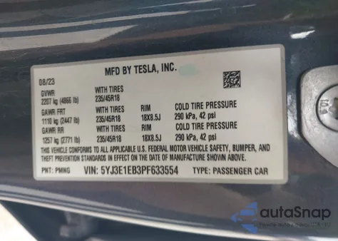 2023 Tesla Model 3 Long Range Dual Motor All-Wheel Drive z USA, uszkodzony, nr VIN 5YJ3E1EB3PF633554